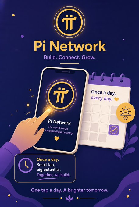 Promotional graphic for Pi Network cryptocurrency showing a phone with the Pi logo, a calendar icon, and text 'Pi Network Build. Connect. Grow. Once a day, every day. One tap a day. A brighter tomorrow.'
