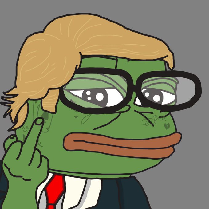 The image depicts Pepe the Frog dressed as Donald Trump with blonde hair, glasses, and a red tie, giving a dismissive middle finger gesture. The caption humorously relates to the post's warning about old accounts returning to scam users, with Pepe/Trump's middle finger symbolizing the response to ignore and reject these returning scammers.