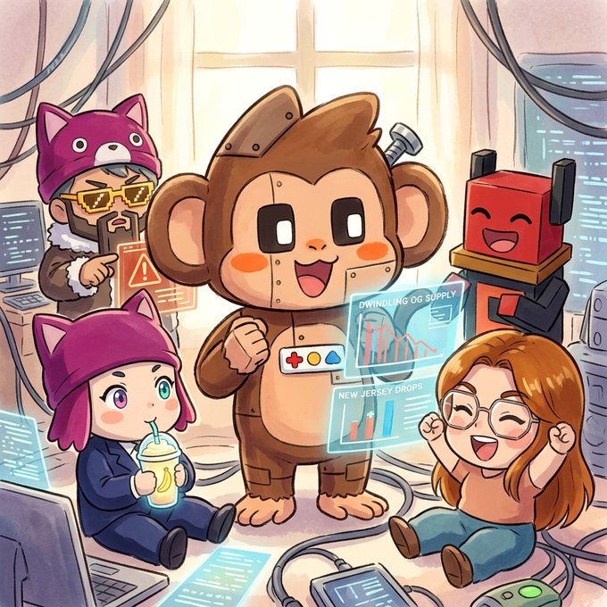 A cartoon illustration of characters in monkey and cat costumes alongside a robot and a girl with glasses, surrounded by cables and holographic screens displaying crypto charts for 'DWINOLING OG SUPPLY' and 'NEW JERSEY DROPS'.