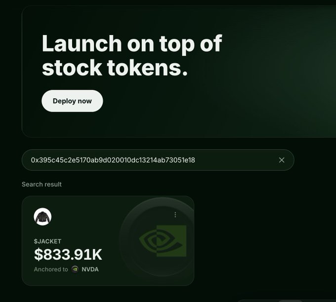 A cryptocurrency platform interface showing 'Launch on top of stock tokens' with a Deploy now button, displaying a search result for $JACKET token at $833.91K anchored to NVDA (Nvidia) stock.