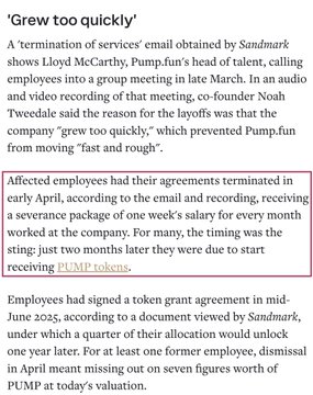 This image shows a news excerpt detailing that Pump.fun laid off employees just two months before their PUMP token allocations were to vest, with co-founder Noah Tweedale stating the company "grew too quickly." The excerpt highlights the financial impact on former employees who missed out on significant PUMP token value.
