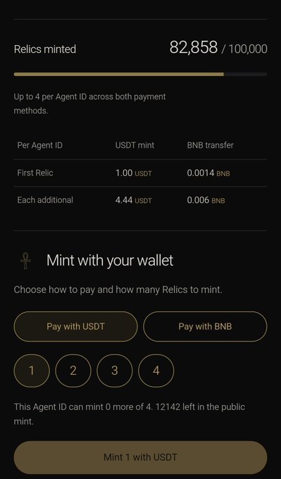 A dark-themed “Mint with your wallet” page shows “Relics minted 82,858 / 100,000,” pricing of 1.00 USDT or 0.0014 BNB for the first relic and 4.44 USDT or 0.006 BNB for each additional relic. USDT is selected, quantity options 1–4 are shown, and the page states, “This Agent ID can mint 0 more of 4. 12142 left in the public mint,” above a “Mint 1 with USDT” button.