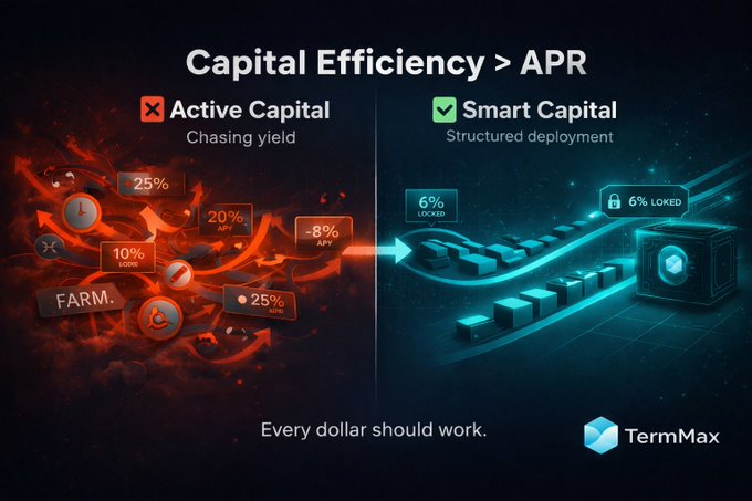 An infographic titled 'Capital Efficiency > APR' contrasts 'Active Capital' depicted with chaotic red elements against 'Smart Capital' shown as a structured blue path, with the tagline 'Every dollar should work.' and the 'TermMax' logo.