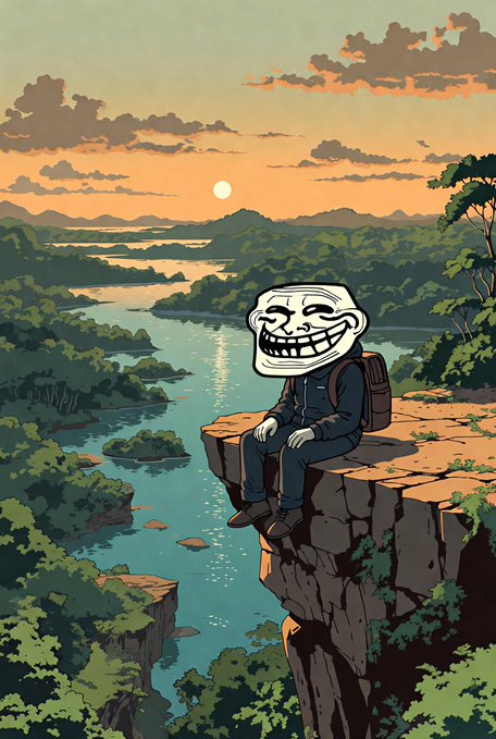 The image features a cartoon character sitting atop a cliff overlooking a body of water, which is depicted as a large blue river. The character appears to be smiling at the viewer. In addition to the main figure, there are three smaller figures present in the scene - one positioned near the top edge of the image and two others located closer to the bottom left corner. 

The caption associated with this image reads: "Patience and discipline will pay off Trade less $TROLL more". The phrase seems to be a punchline or reference to the cartoon character's situation, suggesting that it may be a humorous, light-hearted image rather than a serious one related to the original post.