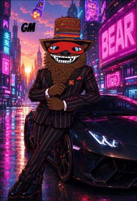 An anthropomorphic bear in a pinstripe suit and ornate top hat leans against a sleek sports car in a neon-lit futuristic cityscape, with "GM" displayed in the sky and "BEAR" illuminated on a nearby building. The image visually reinforces the post's bullish "GM - GET MONEY" sentiment by portraying the bear not as a market predator, but as a confident, wealthy contrarian — styled like someone who profits while others sleep, aligning with the idea that "$XRP"'s best opportunities appear when the timeline is quiet.