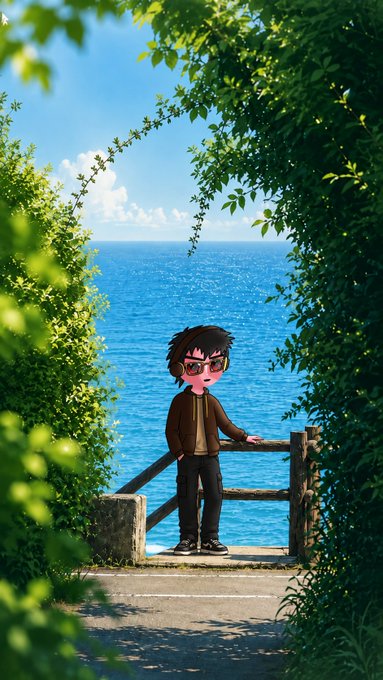 An illustration of a dark-haired character with sunglasses standing on a path by a wooden fence, overlooking a bright blue ocean framed by lush green foliage.