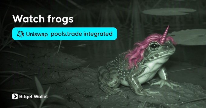 A dark-themed advertisement for Bitget Wallet featuring a frog with a pink unicorn mane and horn, accompanied by the text 'Watch frogs' and 'Uniswap pools.trade integrated'.