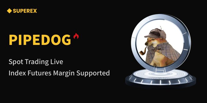 Superex advertisement for PIPEDOG token listing, featuring Spot Trading Live and Index Futures Margin Supported alongside a Sherlock Holmes-style dog mascot.