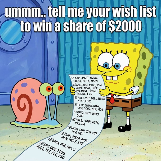 "A cartoon character, Spongebob Squarepants holding a note that says 'tell me your wish list to win a share of $2,000'. This is related to the stock trading post."