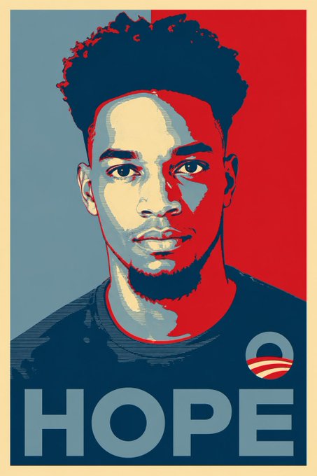 A stylized 'HOPE' campaign poster featuring a portrait in the iconic Shepard Fairey red, blue, and beige color scheme, with a small Obama campaign logo.