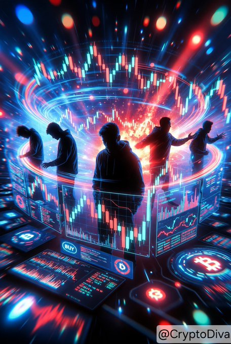 A vibrant, AI-generated digital illustration of silhouetted figures surrounded by glowing cryptocurrency trading charts and candlestick patterns, credited to @CryptoDiva.