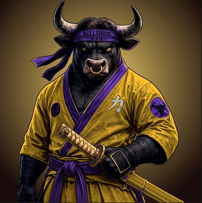 A fierce anthropomorphic bull wearing a purple "BULLSHIDO" headband and a yellow and purple gi draws a katana, embodying the warrior spirit behind the project's anticipated "WEN MINT?" launch.