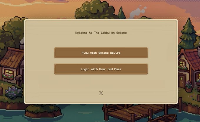 The image shows a pixel-art style game login screen titled "Welcome to The Lobby on Solana," offering options to "Play with Solana Wallet" or "Login with User and Pass," set against a serene pixel-art village backdrop with houses, trees, and a dock at sunset. The interface directly relates to the post's announcement of the $LOBBY token launch via EasyA Kickstart, as it depicts the in-game menu where players can connect their Solana wallet to access the lobby where the new token is being introduced.
