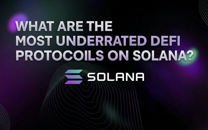 The image features an infographic that shows various lines of different colors intersecting at various points against a black background, creating a unique visual design. The infographic's title reads "What Are the Most Underrated defi Protocols on Solana?". A key element of this infographic is @kamino Lending & @solana, which indicates their connection to the discussion about Solana DeFi protocols and lending services for the smart contract platform.