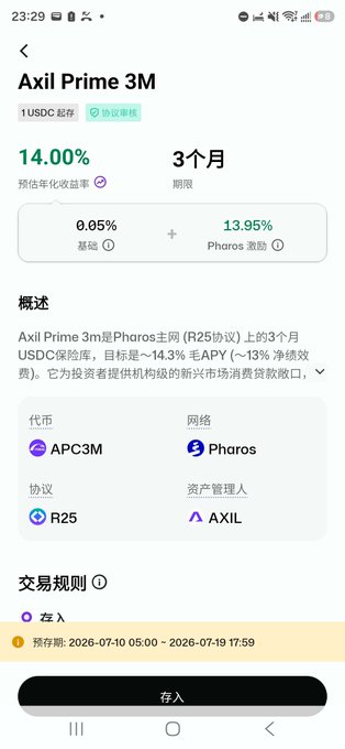 Mobile app screenshot showing an 'Axil Prime 3M' investment product on Pharos network (R25 protocol) offering 14.00% estimated annualized yield in USDC over a 3-month term.
