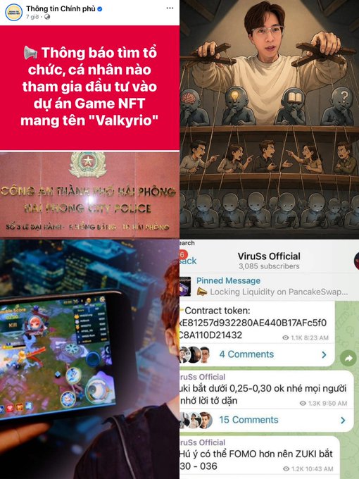 This image features a collage showcasing connections between viral content creators, the "Valkyrio" Game NFT project, and official police notices, suggesting a potential link between influencer promotions and regulatory scrutiny in the crypto space. The Telegram messages from "ViruSs Official" hint at discussions surrounding coin prices, further reinforcing the theme of KOL (Key Opinion Leader) involvement in crypto trends.