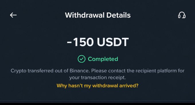 A screenshot of a Binance withdrawal confirmation showing '-150 USDT' marked as 'Completed' with the message 'Crypto transferred out of Binance.'