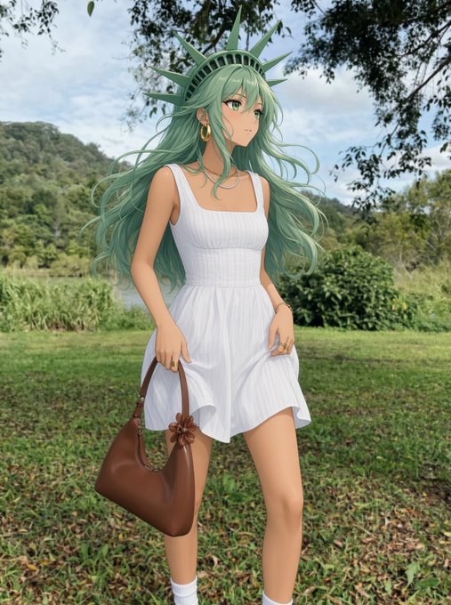 An anime-style illustration of a green-haired woman wearing a crown-like headpiece, white sundress, and carrying a brown handbag stands in a grassy outdoor setting. The image metaphorically represents "shopping" for PulseChain altcoins, as suggested by the accompanying post about PulseChain Season arriving, with the handbag symbolizing the act of going shopping.