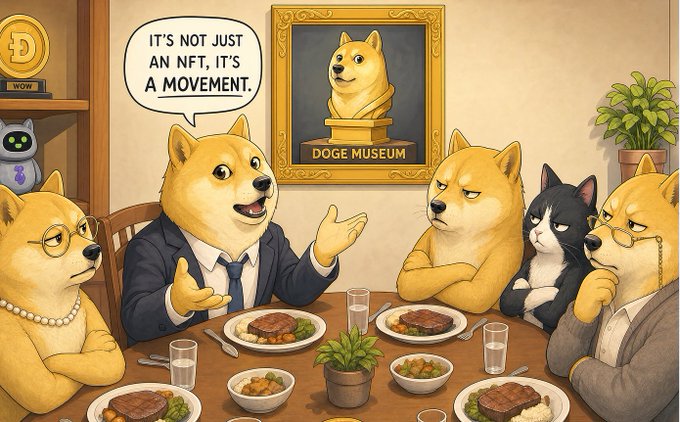 The image features five cartoon dogs sitting around a dining table, with one dog wearing a suit and tie as if he were giving a speech or explaining something to his family members. The caption above the image reads "It's not just an nft's a movement", which is related to the Doge meme that has been circulating on social media platforms.

The dogs are depicted in various poses, with one dog sitting upright and another lying down at the table. There are also two bowls of food placed on the table, suggesting that they might be having dinner together. The image seems to be a playful representation of how the Doge meme has been adapted into different forms over time, including the popularization of the character in various contexts like memes or parodies.