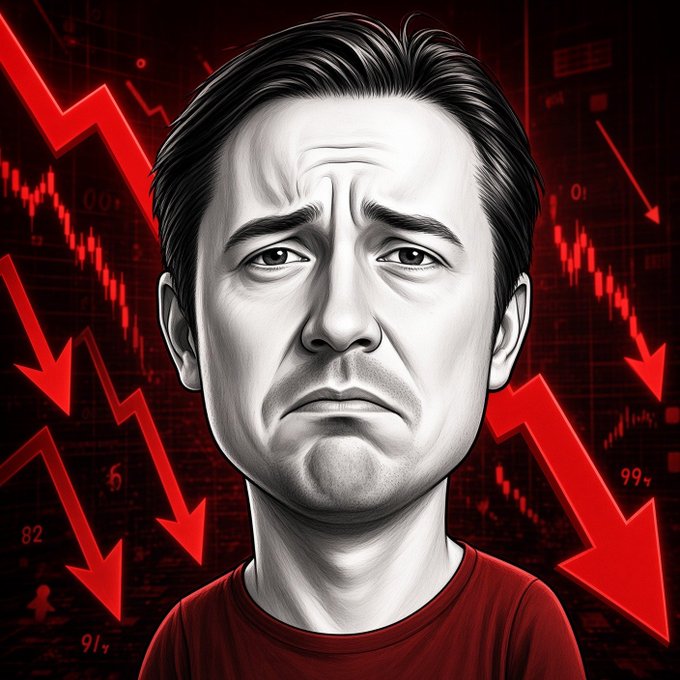 A black-and-white illustrated portrait of a sad-looking man wearing a red shirt, with red downward-pointing arrows and stock market charts in the background indicating financial decline.