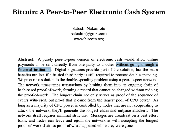 The image shows a white piece of paper with black text that reads "BITCOIN: A peer-to-peer electronic cash system". The text also includes some information about Bitcoin, such as its purpose and benefits for users. The image is accompanied by a caption that provides context to the content of the post.