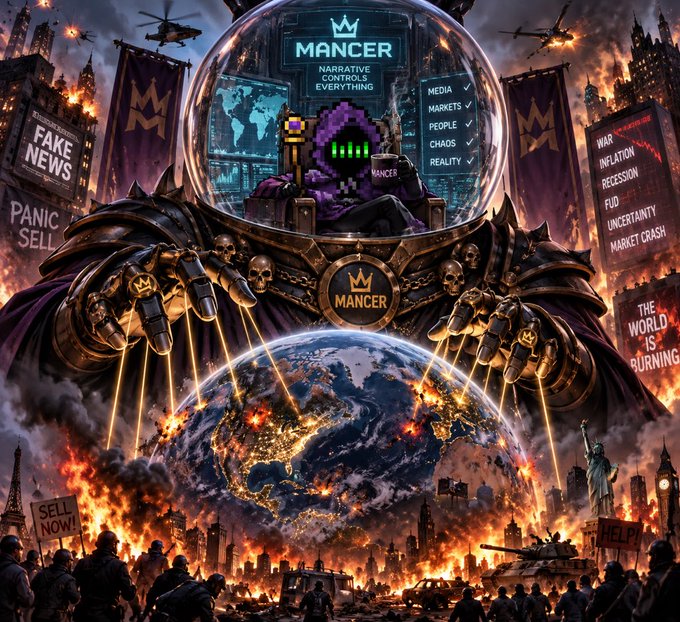 A dramatic digital artwork titled 'MANCER' showing a pixelated figure in a glass dome helmet with crown logo, controlling Earth amid chaos, fake news, war, inflation, and market crash imagery.