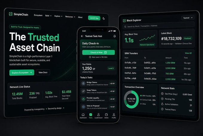 The image showcases SimpleChain's ecosystem platform, featuring a website ("The Trusted Asset Chain") with 12.45M total blocks and a mobile Testnet Task Hub offering 1,250 SP in points for activities like daily check-ins, swaps, and liquidity provision, alongside a Block Explorer displaying the latest block #18,732,109. This visually reinforces the post's point about pre-mainnet task hubs being the primary interaction gateway, where users complete on-chain actions like swaps (tied to the SRW token shown in transfers) and liquidity provision to earn points and demonstrate genuine engagement before launch.