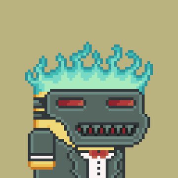 A pixel art character with a gray robotic head, red eyes, sharp teeth, and blue flames on top, wearing a suit and tie.