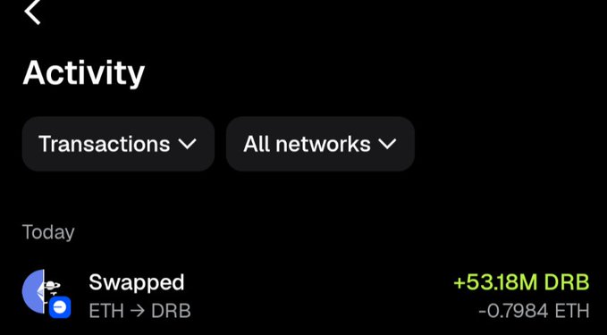 A mobile wallet Activity screen showing a swap transaction: ETH to DRB, receiving +53.18M DRB and spending -0.7984 ETH, with filters for Transactions and All networks.