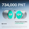 A digital scoreboard graphic displays '734,000 PNT to giveaway!' featuring two teal coin icons with googly eyes and 'Pleasant Network (PNT)' text.