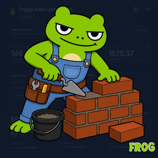 A cartoon illustration of a green frog wearing blue overalls and a tool belt, laying bricks with a trowel beside a bucket of mortar, overlaid on what appears to be a 'Froggy Army Leaderboard' dashboard interface, with 'FROG' text in the bottom right.