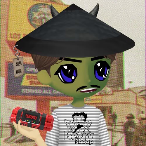 An animated character with green skin wearing a black demon-style hat with horns and a striped shirt, holding a digital counter displaying '50000'.