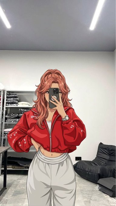 An anime-style illustration of a girl with pink hair taking a mirror selfie, wearing a red zip-up jacket, white top, and white pants, set in a clothing room with a black bean bag.
