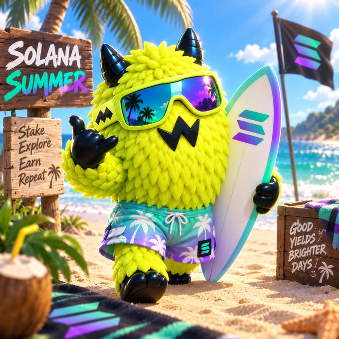 A yellow furry mascot wearing sunglasses holds a Solana-branded surfboard on a sunny beach, with a 'SOLANA SUMMER' sign reading 'Stake, Explore, Earn, Repeat'.