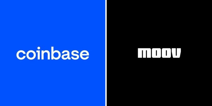 A side-by-side comparison image showing the 'coinbase' logo on a blue background on the left and the 'moov' logo on a black background on the right.