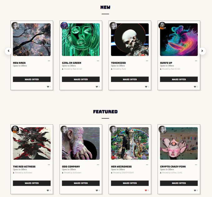 An NFT marketplace displays 'NEW' and 'FEATURED' collections including 'NEW AREA', 'GIRL IN GREEN', 'TOKENIZED', 'SURFS UP', 'THE RED MITHNESS', 'ODD COMPANY', 'NEN WEIRDNESS', and 'CRYPTO CRAZY PINK' with 'MAKE OFFER' buttons.