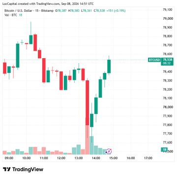 A TradingView candlestick chart of Bitcoin against the U.S. Dollar on Bitstamp, showing a volatile day with prices ranging from $77,500 to $78,600 and trading volume of 1B BTC.