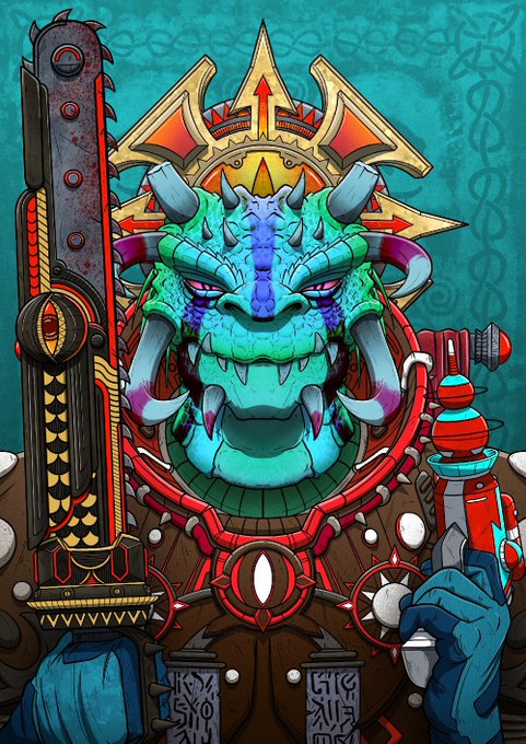 A vibrant digital illustration of a horned, blue-scaled dragon-like creature wearing ornate gold and red armor, holding a mechanical weapon.
