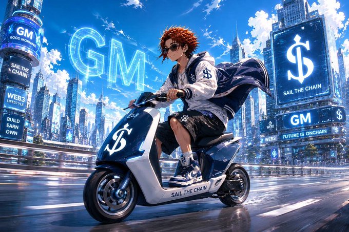An anime-style character rides a scooter branded with '$' symbols and 'SAIL THE CHAIN' through a futuristic city with glowing billboards advertising 'GM', 'GOOD MORNING', 'SAIL THE CHAIN', and 'WEB3 LIFESTYLE'.