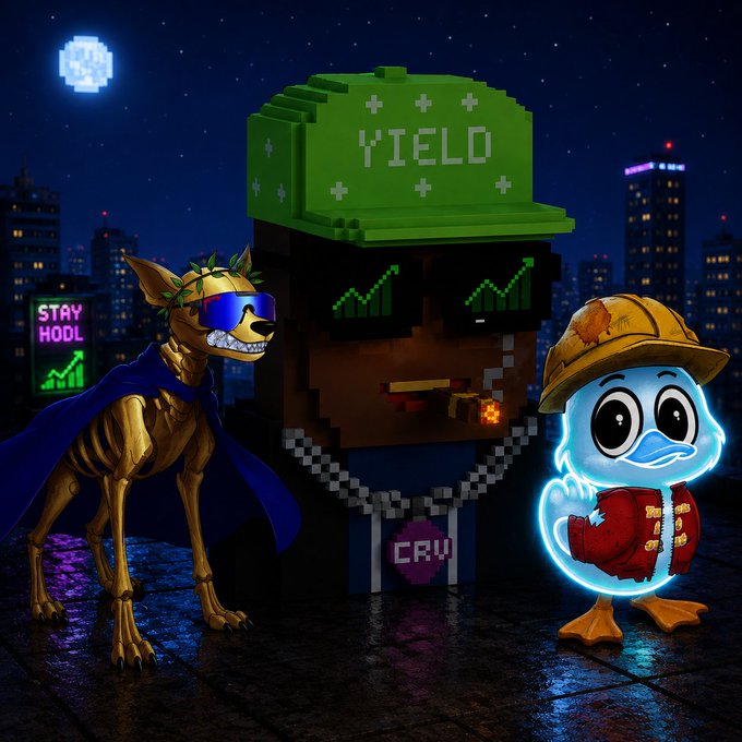 A 3D digital artwork featuring pixel-style characters including a dog wearing a green "YIELD" cap and blue sunglasses, a golden dog in a purple cape and blue shades, and a glowing blue duck wearing a yellow hat and red jacket, set against a nighttime cityscape with a "STAY HODL" sign.