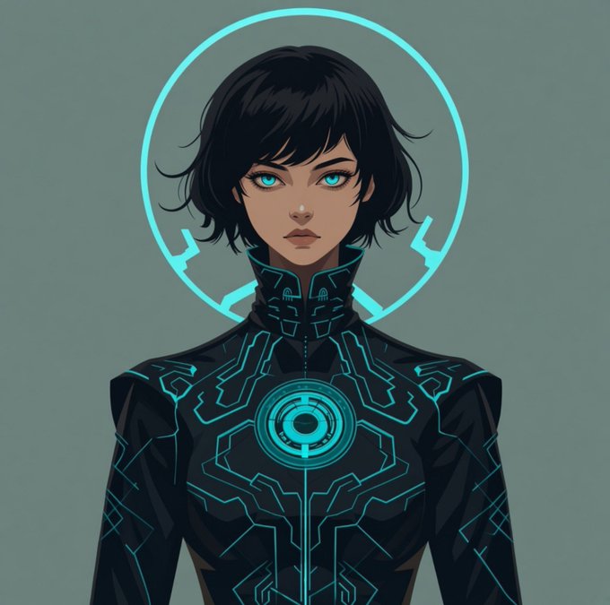 A digital illustration of a stern-looking anime-style woman with short black hair and glowing blue eyes, wearing a dark futuristic suit with cyan circuitry patterns.