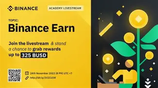 A Binance Academy Livestream promotional banner advertises a Binance Earn session, offering rewards of up to 325 BUSD for attendees on 24th November 2022.