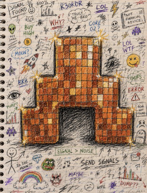 A hand-drawn doodle sketch in a notebook featuring a large brown plus-shaped structure surrounded by crypto-related notes including 'SIGNAL FOUND', 'BUY HIGH', 'MOON?', 'ERROR 404 NOT FOUND', 'TO THE MOON!!!', and 'SIGNAL > NOISE'.