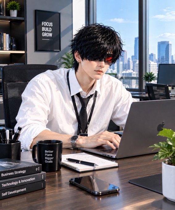 An anime-style illustration depicts a young man with black hair and red eyes working at a laptop in a modern office with a city view, surrounded by books labeled 'Business Strategy,' 'Technology & Innovation,' and 'Self Development,' plus a mug reading 'Better Plans Bigger Goals.'