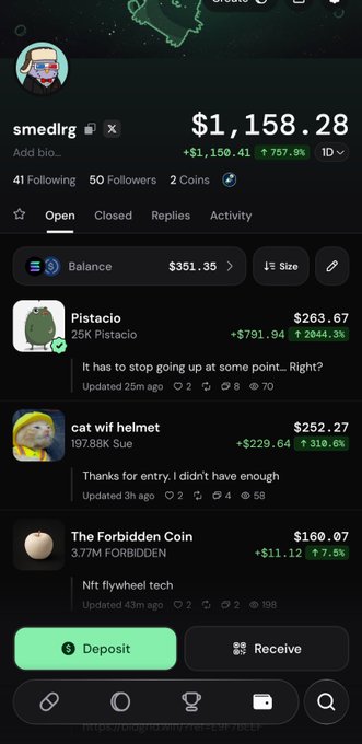 A dark-themed cryptocurrency portfolio interface shows a balance of $1,158.28 for user 'smedlrg', listing assets like 'Pistacio' (+2044.3%), 'cat wif helmet' (+310.6%), and 'The Forbidden Coin'.
