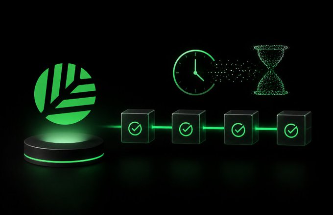 A digital illustration featuring a green leaf-shaped logo on a platform, connected by lines to four checkmarked cubes, with a clock and hourglass made of particles in the background.