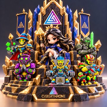 A 3D-rendered promotional image for 'CYBERTHRONE' showing several stylized robot and warrior NFT characters positioned on a golden throne-like structure adorned with Cyberthrone logos.