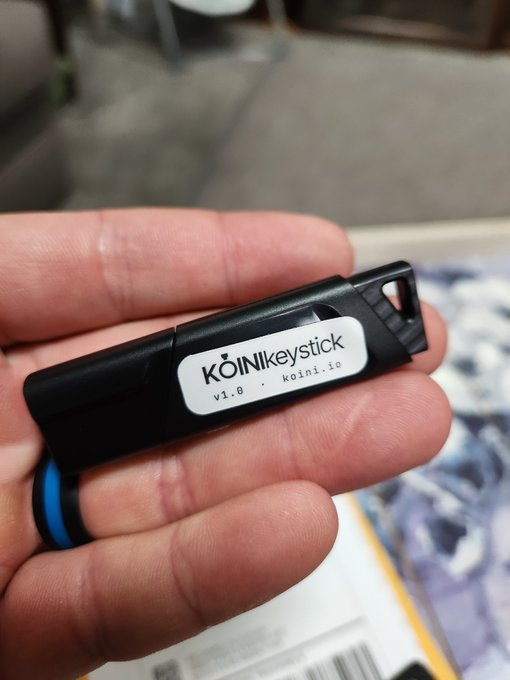 Another view of the same hand holding the black 'KOINIkeystick v1.0' hardware wallet device from koinl.io.