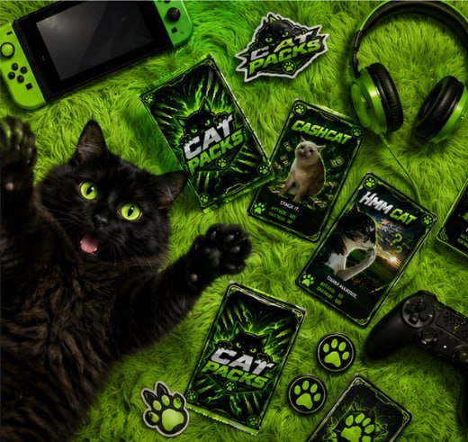 A black cat with glowing green eyes lounges on a furry green surface surrounded by "Cat Packs" trading cards, paw print stickers, a Nintendo Switch, green headphones, and a game controller. The cards feature feline characters like "Cashcat" and "HMM Cat," tying into the post's cryptocurrency token promotion where market cap milestones correspond to lock extension periods on PinkSale.