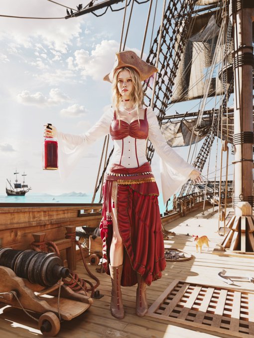 A blonde woman dressed as a pirate in a red corset and tricorn hat stands on a wooden ship deck, holding up a bottle of red liquid, with cannons and a cat visible nearby.